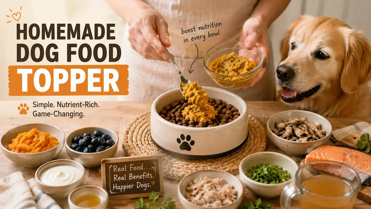 Homemade dog food toppers including sardines, bone broth, pumpkin, salmon and vegetables