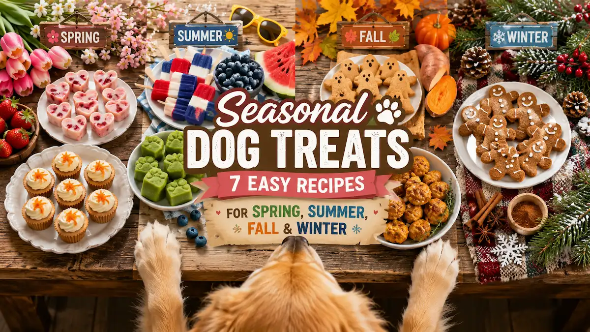 Seasonal dog treats including Christmas cookies, pumpkin Halloween treats, Easter pupcakes, and frozen summer dog snacks